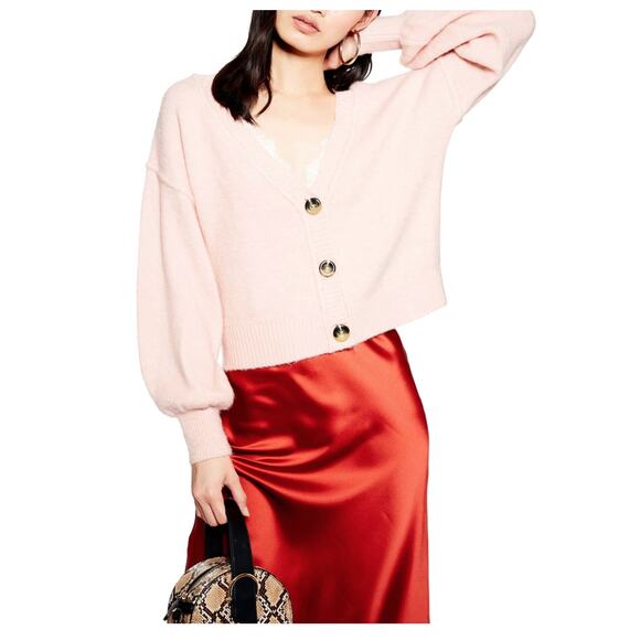 Topshop Pink Balloon Sleeve Button Crop Cardigan Size 8 - Picture 1 of 10